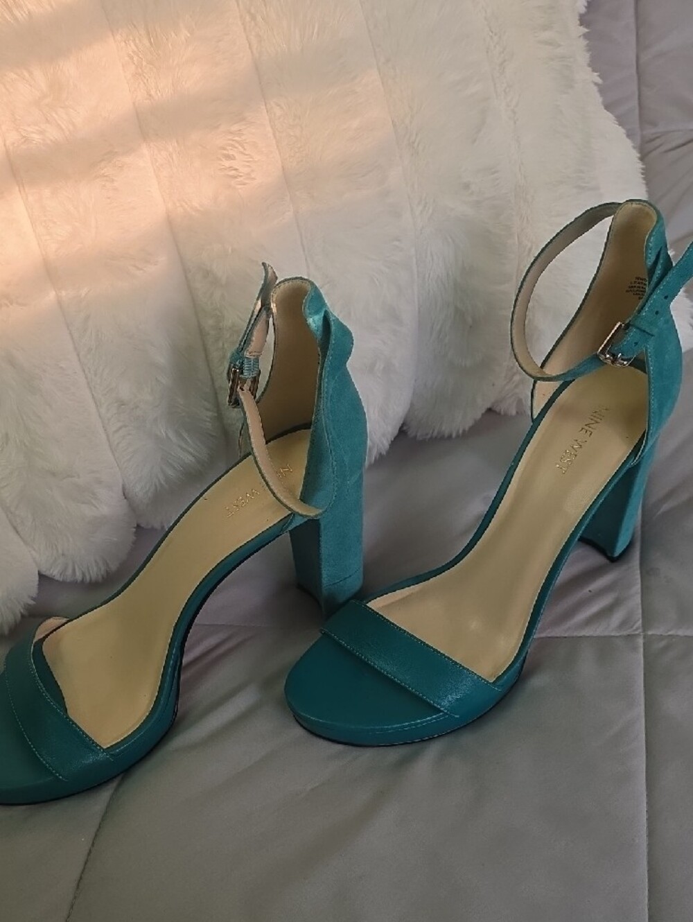 Nine West Teal Open-Toe Ankle-Strap Block Heels - Picture 4 of 9